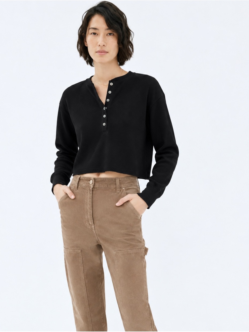 Aritzia Wilfred Free Mavis Cropped Henley Shirt Black Size S